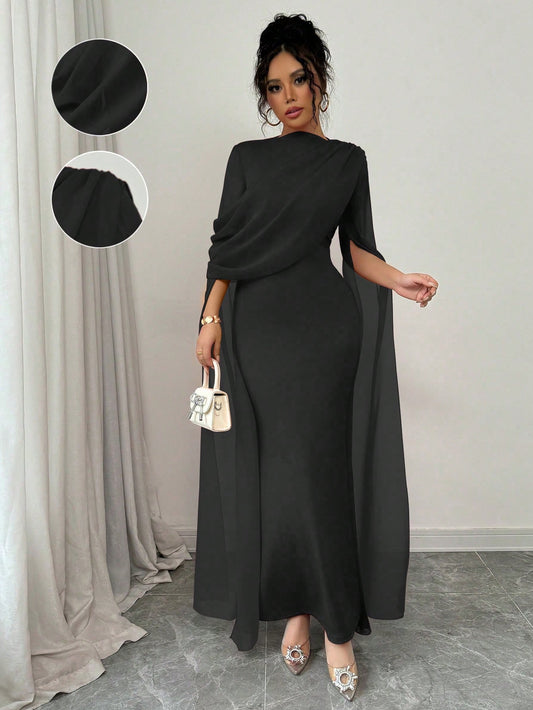 Elegant Personalized Party Banquet Gathering Gathered Tight Oblique Shoulder Pleated Sheer Flowy Maxi Sleeve Split Evening Dress
