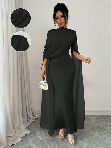Elegant Personalized Party Banquet Gathering Gathered Tight Oblique Shoulder Pleated Sheer Flowy Maxi Sleeve Split Evening Dress