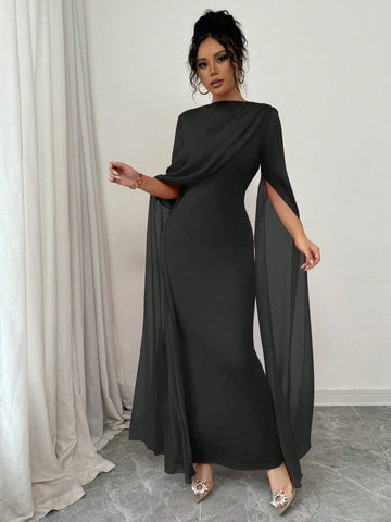 Elegant Personalized Party Banquet Gathering Gathered Tight Oblique Shoulder Pleated Sheer Flowy Maxi Sleeve Split Evening Dress