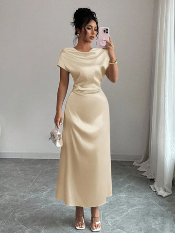 Women Elegant Date/Office Wear High Collar Tie Front Short Sleeve Satin Dress