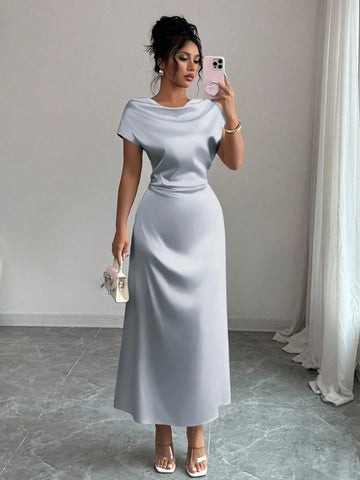 Women Elegant Date/Office Wear High Collar Tie Front Short Sleeve Satin Dress