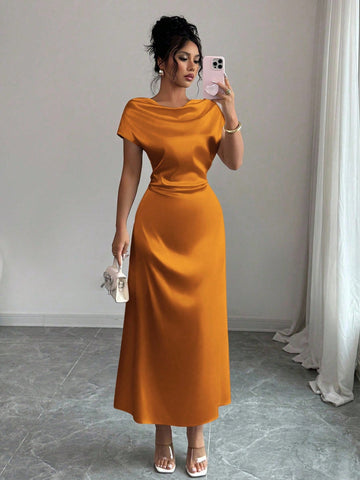 Women Elegant Date/Office Wear High Collar Tie Front Short Sleeve Satin Dress