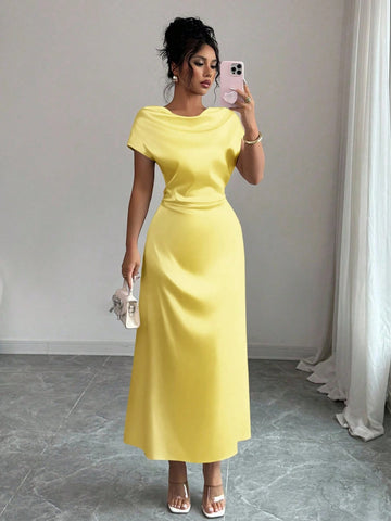 Women Elegant Date/Office Wear High Collar Tie Front Short Sleeve Satin Dress