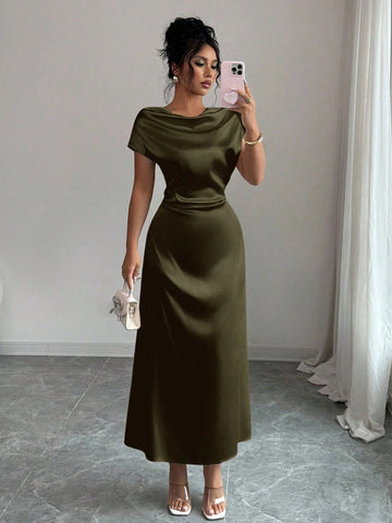 Women Elegant Date/Office Wear High Collar Tie Front Short Sleeve Satin Dress