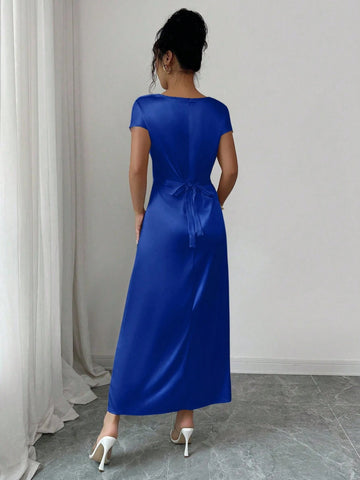 Women Elegant Date/Office Wear High Collar Tie Front Short Sleeve Satin Dress