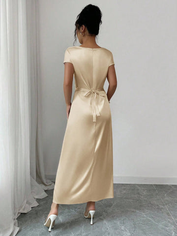 Women Elegant Date/Office Wear High Collar Tie Front Short Sleeve Satin Dress