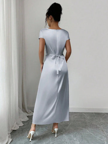 Women Elegant Date/Office Wear High Collar Tie Front Short Sleeve Satin Dress