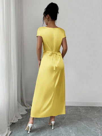 Women Elegant Date/Office Wear High Collar Tie Front Short Sleeve Satin Dress