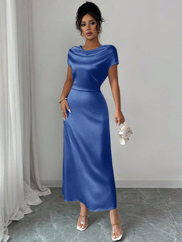 Women Elegant Date/Office Wear High Collar Tie Front Short Sleeve Satin Dress