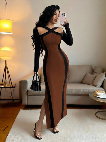 Cross Collar Black Edges Slim Waist Hip Slit Long Sleeve Long Dress