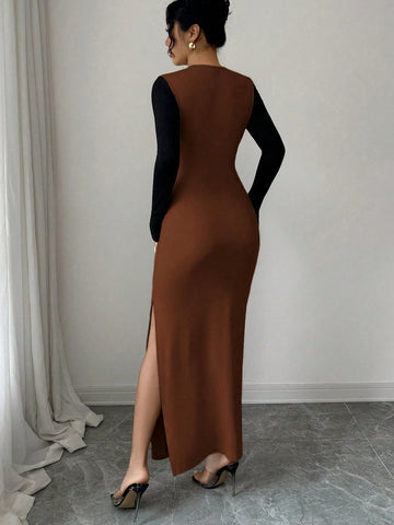 Cross Collar Black Edges Slim Waist Hip Slit Long Sleeve Long Dress