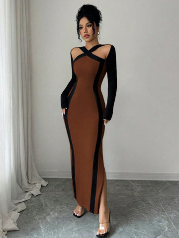 Cross Collar Black Edges Slim Waist Hip Slit Long Sleeve Long Dress
