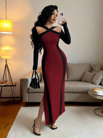 Cross Collar Black Edges Slim Waist Hip Slit Long Sleeve Long Dress
