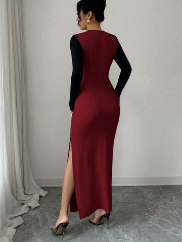 Cross Collar Black Edges Slim Waist Hip Slit Long Sleeve Long Dress