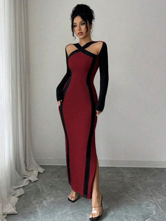 Cross Collar Black Edges Slim Waist Hip Slit Long Sleeve Long Dress