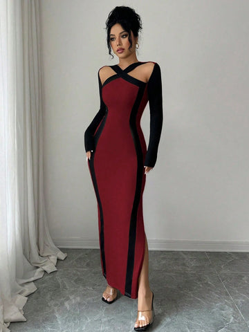Cross Collar Black Edges Slim Waist Hip Slit Long Sleeve Long Dress