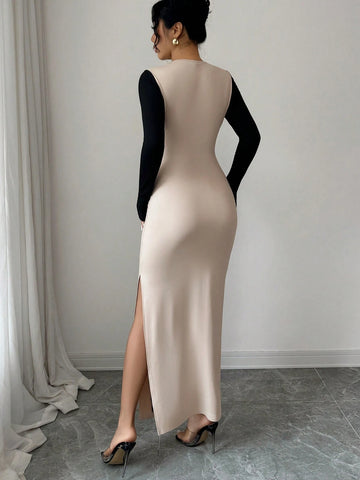 Cross Collar Black Edges Slim Waist Hip Slit Long Sleeve Long Dress