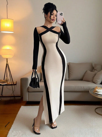 Cross Collar Black Edges Slim Waist Hip Slit Long Sleeve Long Dress