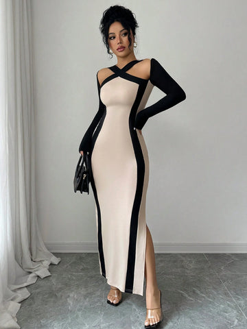 Cross Collar Black Edges Slim Waist Hip Slit Long Sleeve Long Dress