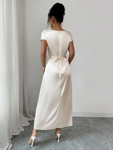 Women Elegant Date/Office Wear High Collar Tie Front Short Sleeve Satin Dress