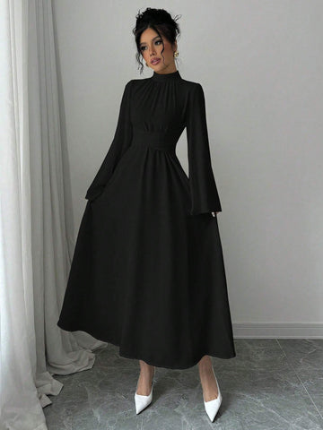 Women's Plain Collar Long Sleeve Simple Casual Long Dress