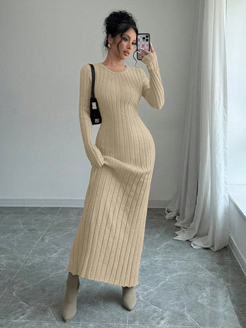 Women Solid Color Ribbed Long Sweater Dress