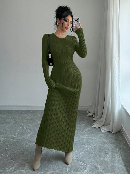 Women Solid Color Ribbed Long Sweater Dress