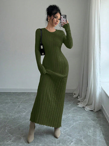 Women Solid Color Ribbed Long Sweater Dress