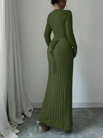 Women Solid Color Ribbed Long Sweater Dress