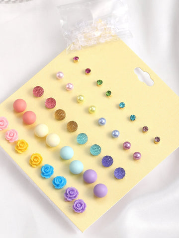 20pairs/set Resin & Faux Pearl & Rhinestone Decor Elegant Style Stud Earrings