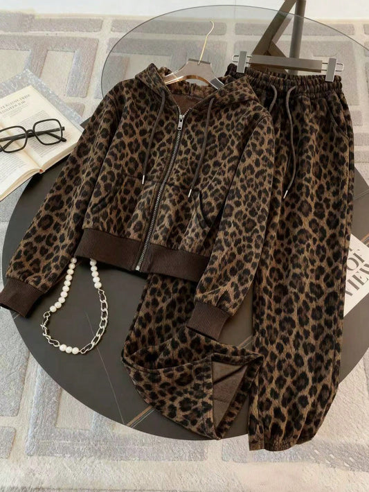 Leopard Print Zip-Up Hoodie Set