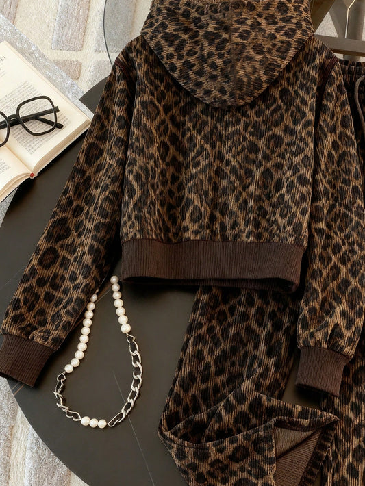 Leopard Print Zip-Up Hoodie Set