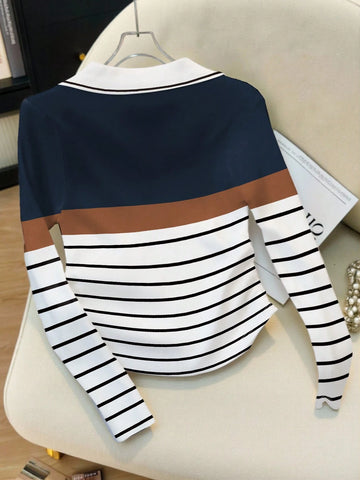 Elegant Color-Blocked Polo Collar Women's Long-Sleeved T-Shirt