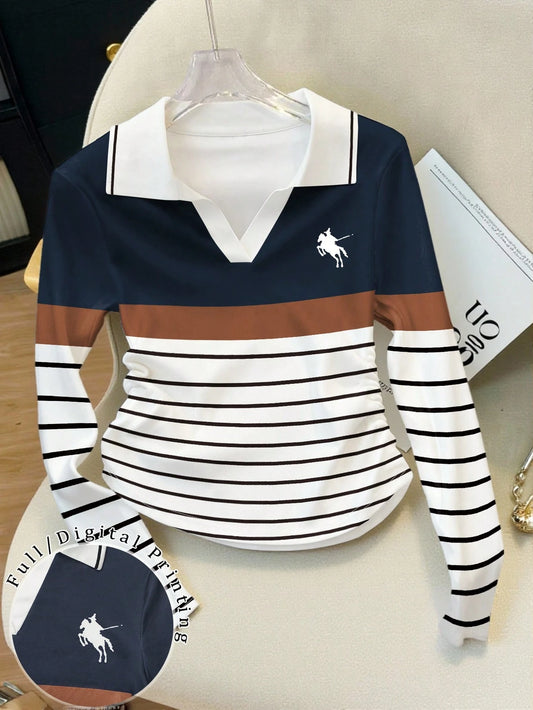 Elegant Color-Blocked Polo Collar Women's Long-Sleeved T-Shirt