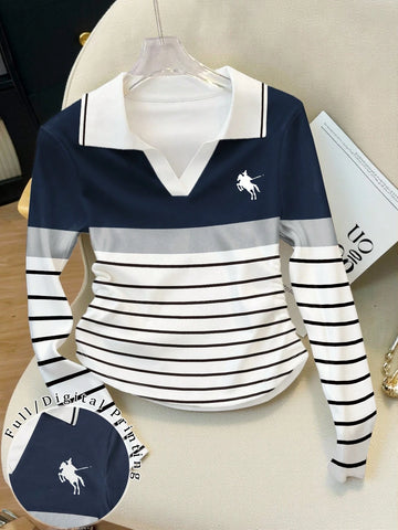 Elegant Color-Blocked Polo Collar Women's Long-Sleeved T-Shirt