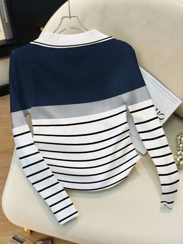 Elegant Color-Blocked Polo Collar Women's Long-Sleeved T-Shirt