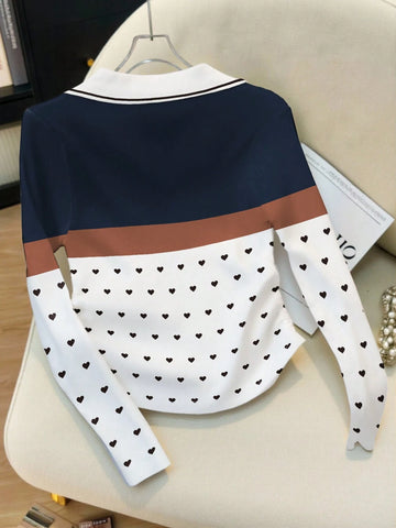Elegant Color-Blocked Polo Collar Women's Long-Sleeved T-Shirt