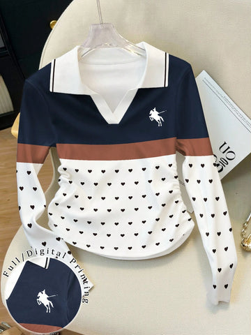 Elegant Color-Blocked Polo Collar Women's Long-Sleeved T-Shirt