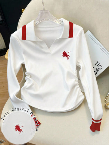 Elegant Color-Blocked Polo Collar Women's Long-Sleeved T-Shirt