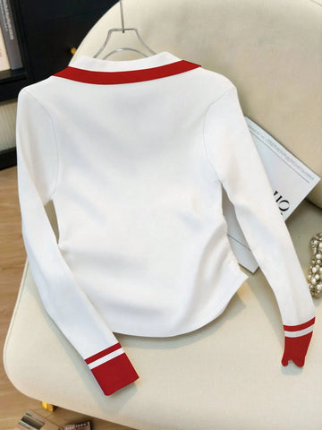 Elegant Color-Blocked Polo Collar Women's Long-Sleeved T-Shirt