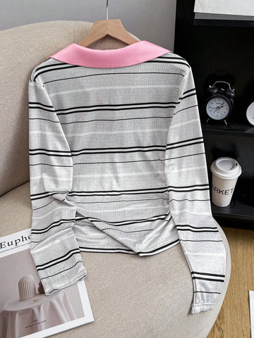 Elegant Color-Blocked Polo Collar Women's Long-Sleeved T-Shirt