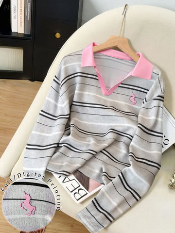 Elegant Color-Blocked Polo Collar Women's Long-Sleeved T-Shirt