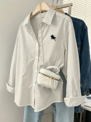 Minimalist Embroidered Decor Long Sleeve Loose Blouse
