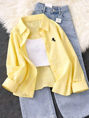 Minimalist Embroidered Decor Long Sleeve Loose Blouse