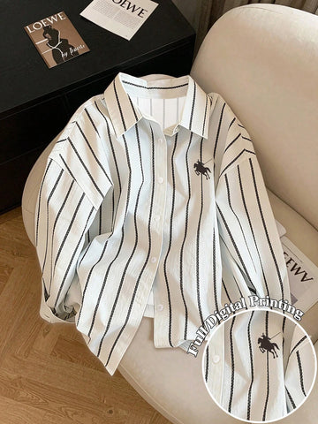 Minimalist Embroidered Decor Long Sleeve Loose Blouse