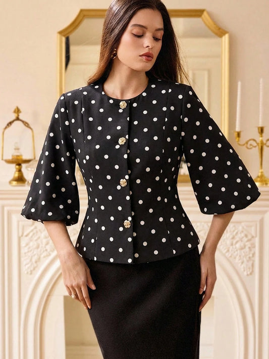 Women's Black Polka Dot Mid-Sleeve Short Metal Buckle Cuff Blazer