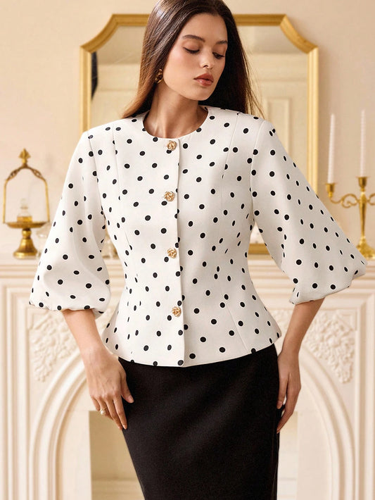 Women's Black Polka Dot Mid-Sleeve Short Metal Buckle Cuff Blazer