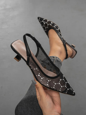 Rhinestone Decor Point Toe Pyramid Heeled Pumps