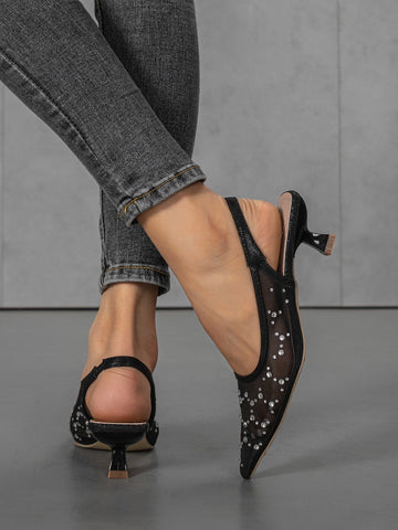 Rhinestone Decor Point Toe Pyramid Heeled Pumps