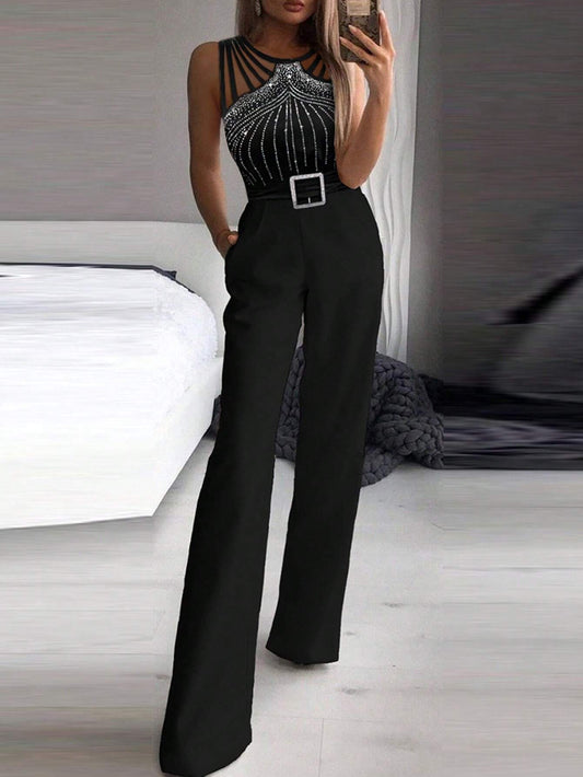 Rhinestone Detail Slant Pocket Jumpsuit Without Belt